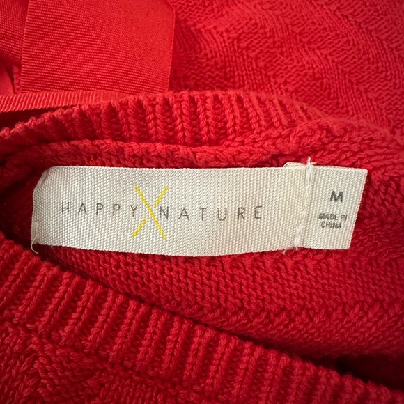 HAPPY X NATURE RED HEAVY KNIT PUFF SLEEVE BOW TIE BACK SWEATER M NWT - Picture 3 of 5